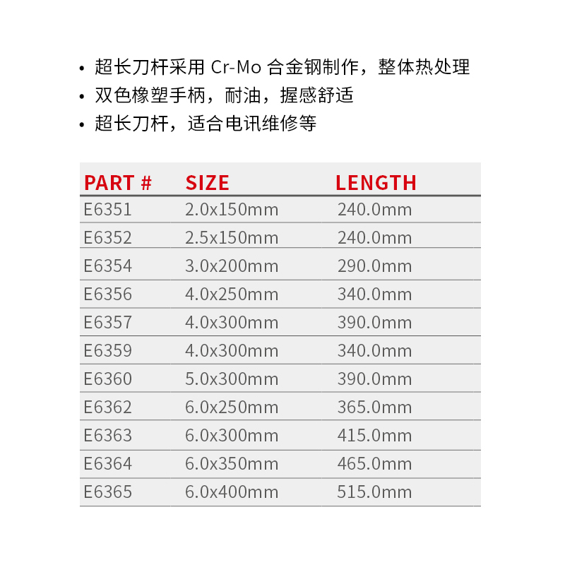 力易得 E6354 一字双色橡塑电讯螺丝批 3.0x200mm